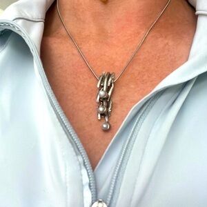 Silver and blue pearl …modern design necklace! 17”